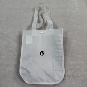 Lululemon Small Reusable Shopping Tote Bag White Black Logo Snap Closure Eco Bag